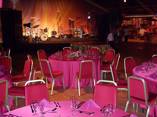 Runde Tische mit pinkem Tischtuch als Beispiel